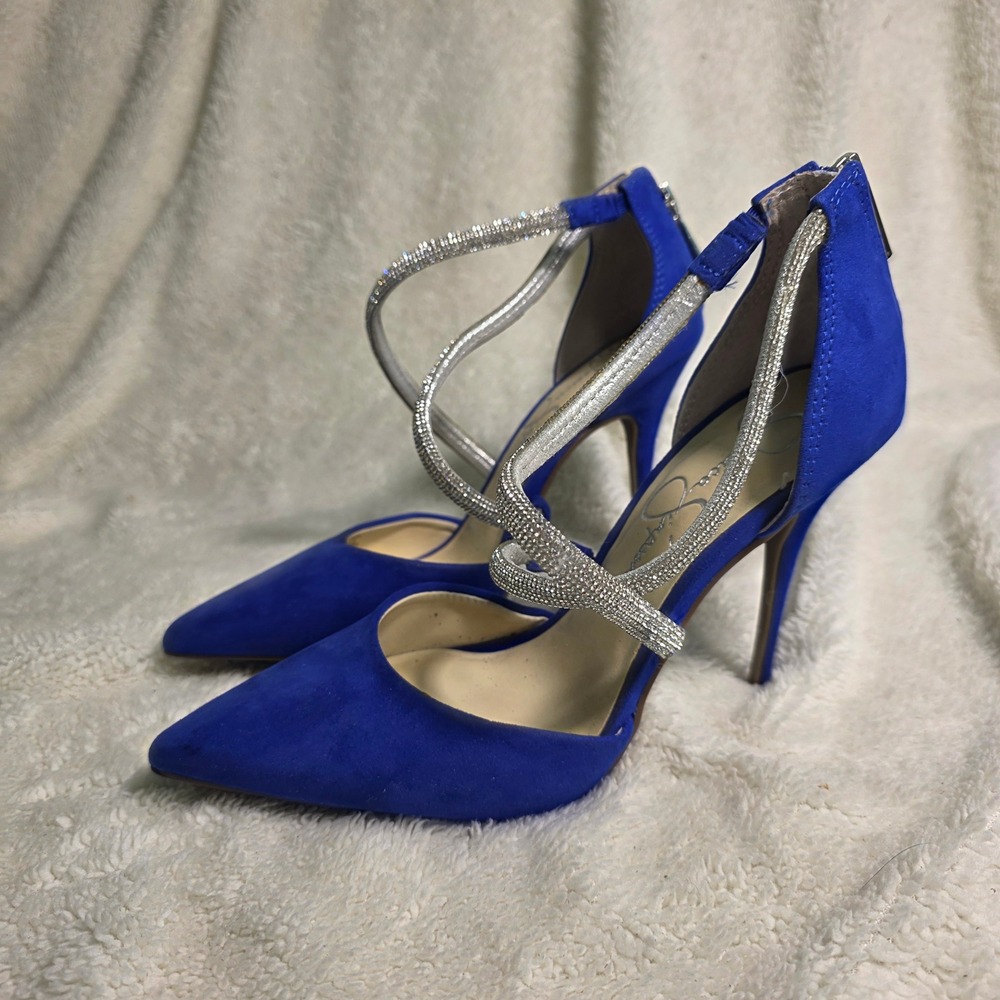 Jessica Simpson Stiletto Heels Pumps Royal Blue Rhinestone Wrap Straps Women 7M